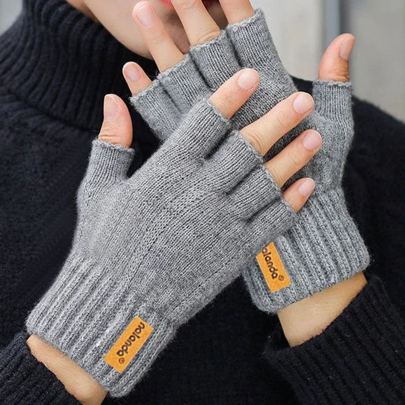Winter Half-Finger Knitted Gloves for Men: Warm, Stretchy, Thick – Fits Office, Bicycle, Driving & Student Writing