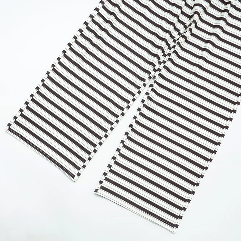 Women Casual Workout 2 Piece Pants Set Teen Girl Striped Long Sleeve Crop Top T-shirts + Wide Leg Trousers Autumn Lounge Outfits