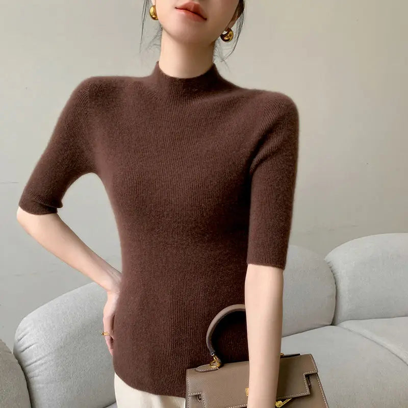 Sweater Spring Autumn High Neck Middle Sleeve New Knitted Base Knitted Half Sleeve Five-Pin Slim Tops