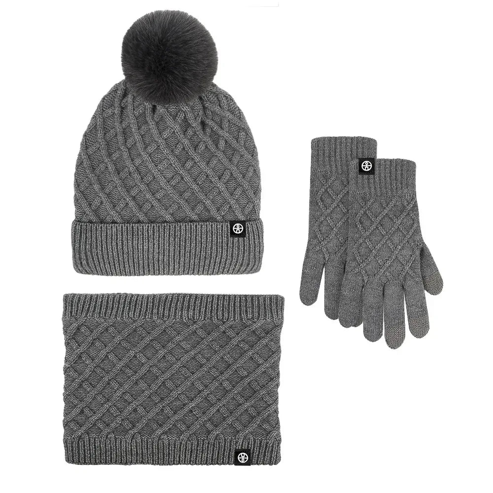 2025 Hot Hat Scarf Gloves Three-piece Winter Velvet Outdoor Warm Hairball Knitted Hat Christmas Gift Winter Warm