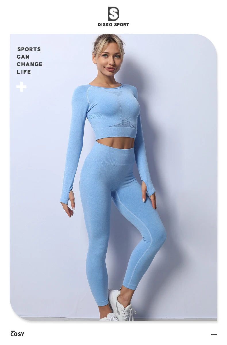 Women Yoga 2 Pieces Workout Outfits Seamless High Waist Leggings Sports Crop Top Running Clothes Sets