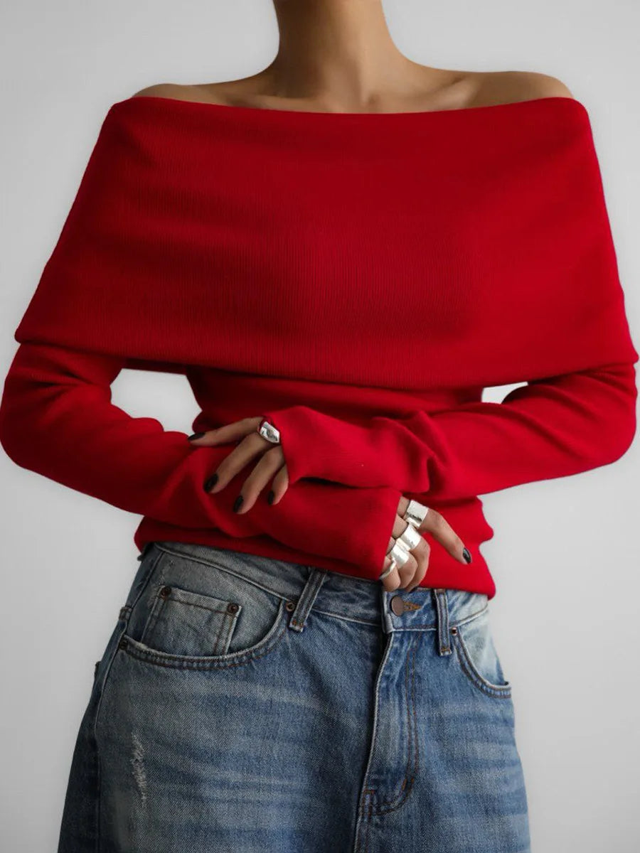 Sweater Women's Autumn and Winter Style Long Sleeved Knitted Base Shirt, One Shoulder Sexy Slim Fit Off Shoulder Top