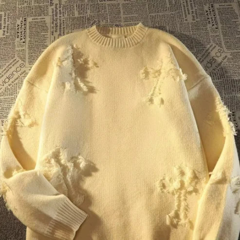 Winter Ripped Sweater Men's Round Neck Pullover High Street American Retro Japanese Style Solid Color Sweater For Teenagers