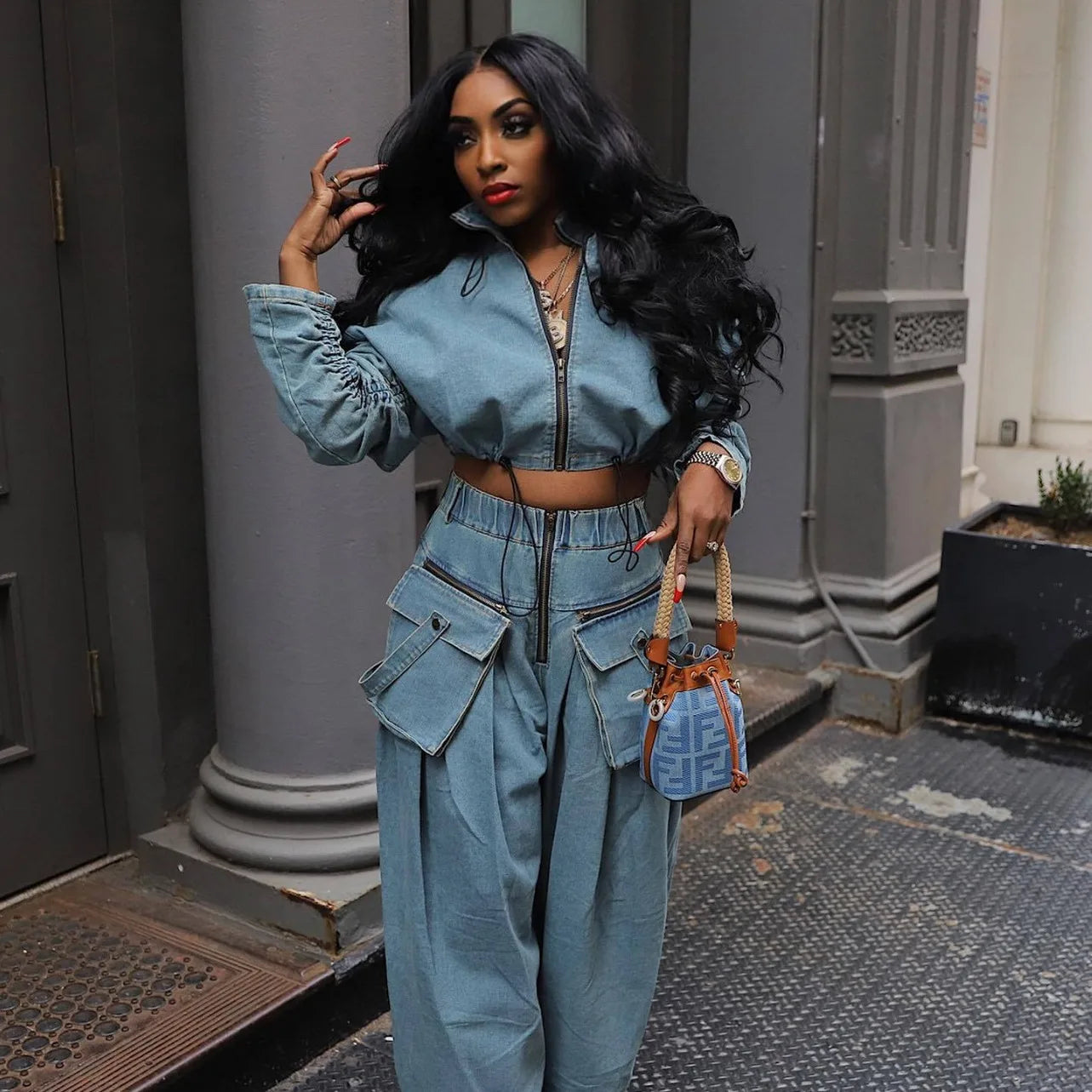 Fall Denim Suit For Women Long Sleeve Lapel Top And Wide Leg Pant Outfits Comfortable Solid Color Ladies Two-Piece Set