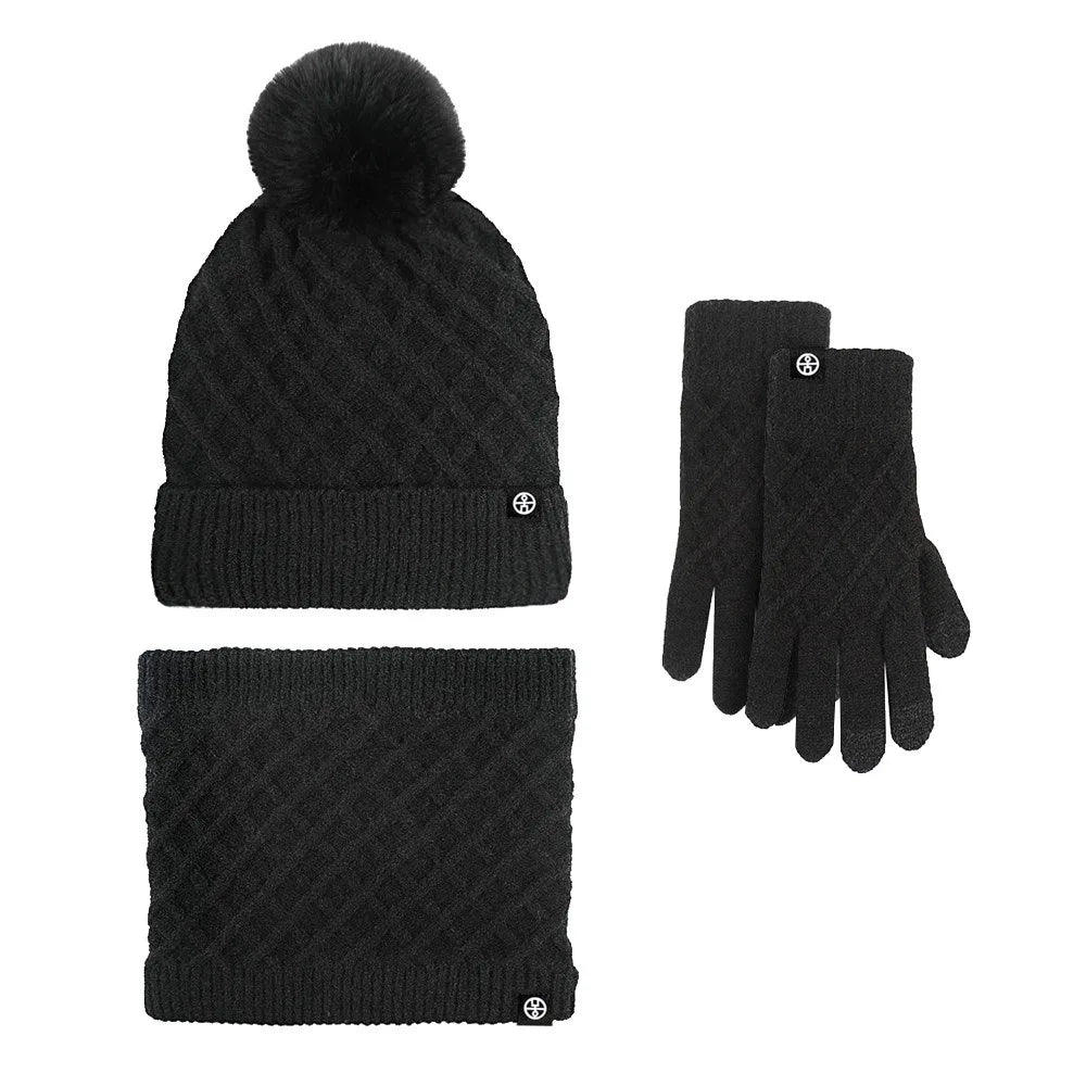 2025 Hot Hat Scarf Gloves Three-piece Winter Velvet Outdoor Warm Hairball Knitted Hat Christmas Gift Winter Warm