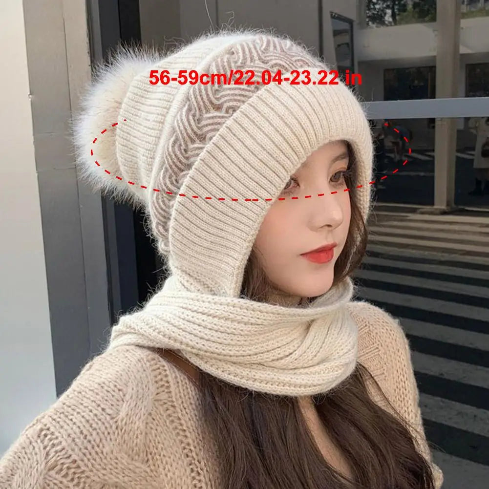Hat scarf All-in-one  Winter Thickened Warm Double Warm Padded Windproof Comfortable Warm Knitted Hat Fits Women