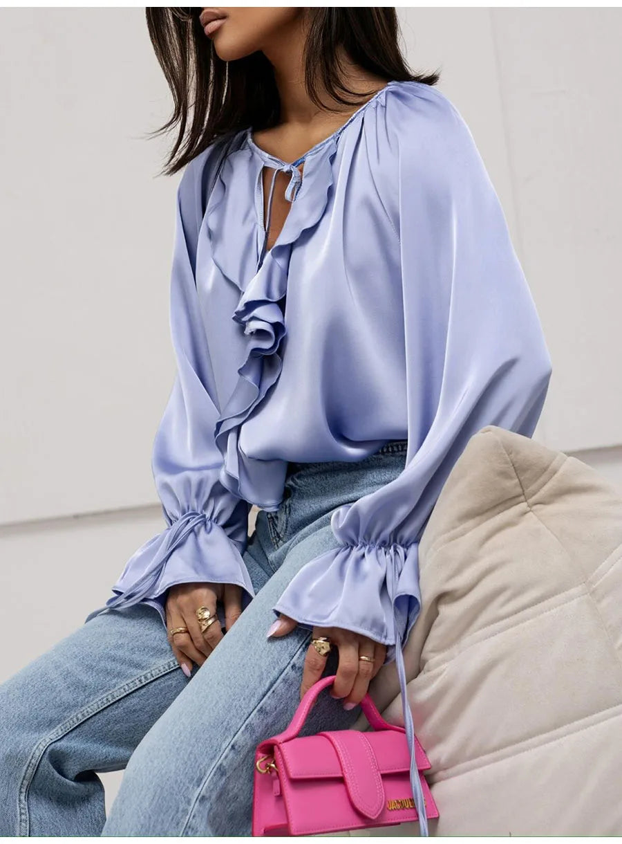 Fashion Fall Ruffles Blouse Women 2025 Autumn Winter Long Sleeve Loose Lace-up Shirts And Blouses Tops Elegant