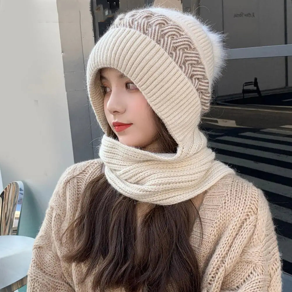Hat scarf All-in-one  Winter Thickened Warm Double Warm Padded Windproof Comfortable Warm Knitted Hat Fits Women