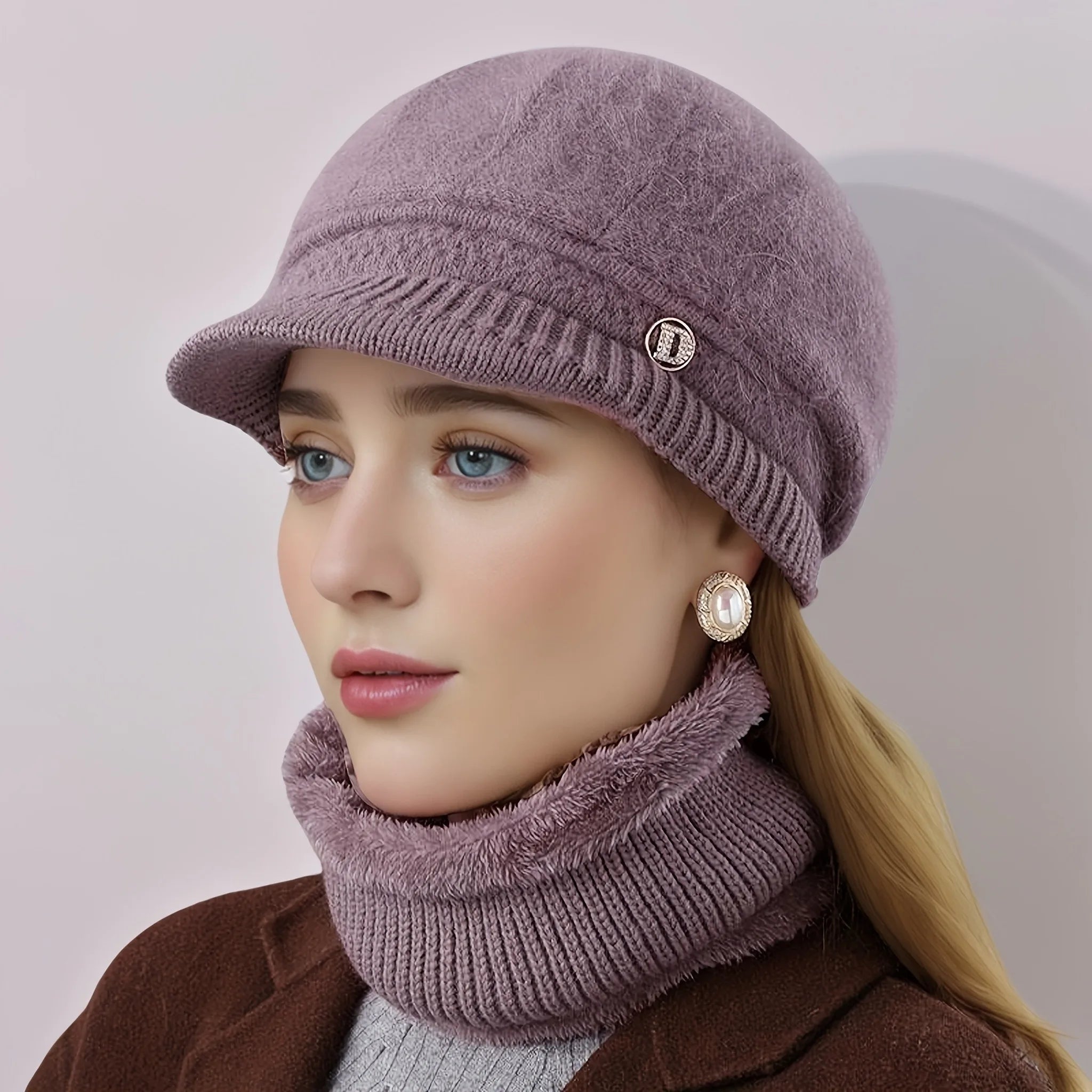 2pcs/ Set Women‘s Hat and Neck Scarf Versatile Winter Warm Cold Hat for Mothers Middle-aged and Elderly Suitable for Exercise