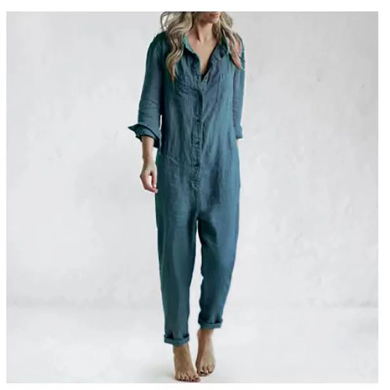 Cotton Linen Vintage Jumpsuits Women Single Breasted Button Design Turn-down Collar Long Sleeve Romper Solid Pockets Overalls