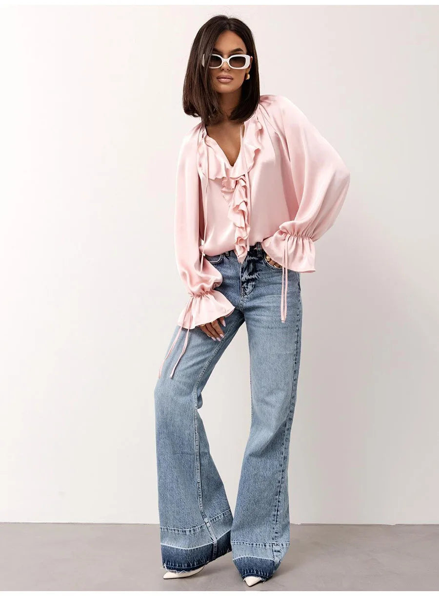 Fashion Fall Ruffles Blouse Women 2025 Autumn Winter Long Sleeve Loose Lace-up Shirts And Blouses Tops Elegant