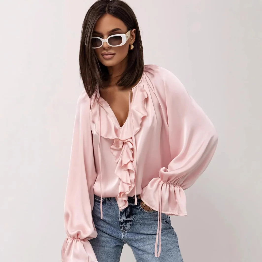 Fashion Fall Ruffles Blouse Women 2025 Autumn Winter Long Sleeve Loose Lace-up Shirts And Blouses Tops Elegant