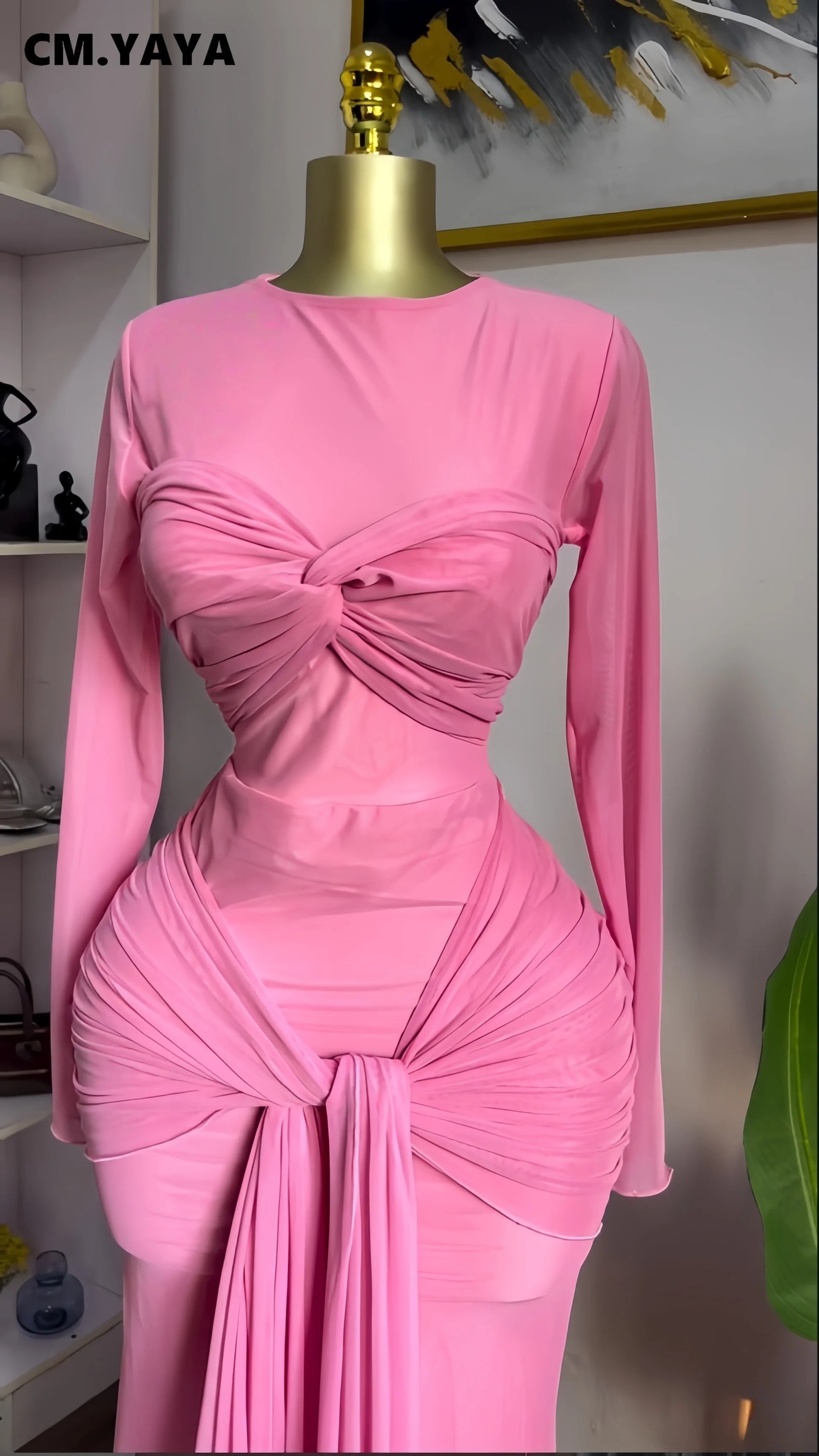 CM.YAYA Women Mesh See Though Long Sleeve Maxi Bowknot Long Dress 2026 Birthday Vacation Sexy Club Party Evening Street Dresses