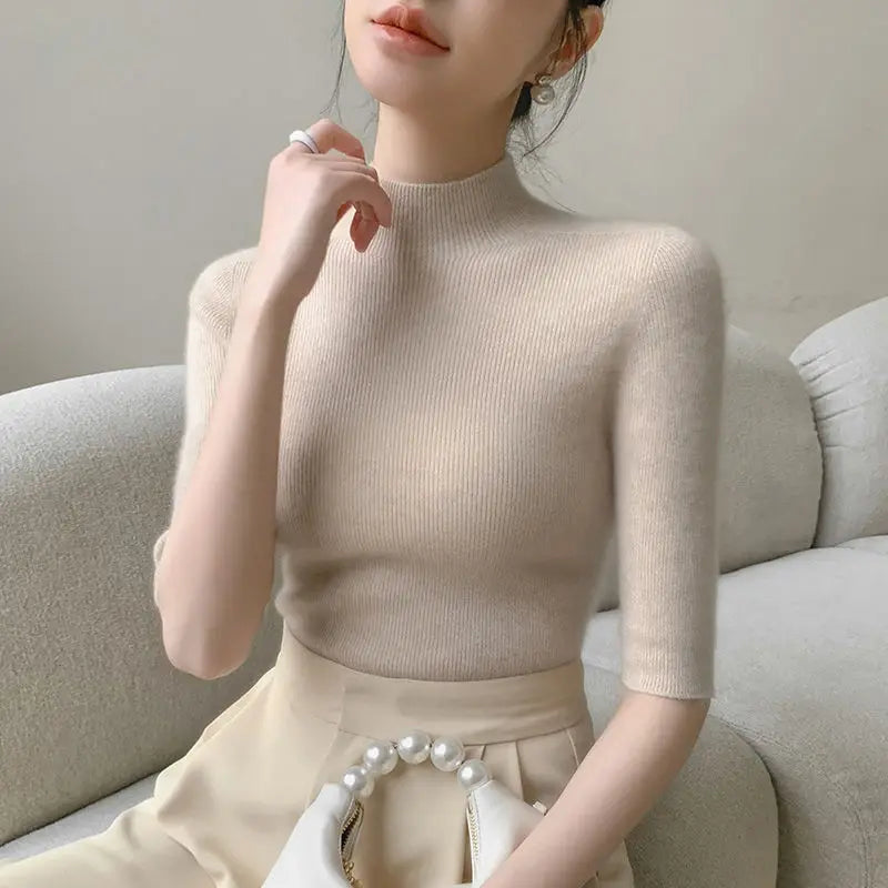 Sweater Spring Autumn High Neck Middle Sleeve New Knitted Base Knitted Half Sleeve Five-Pin Slim Tops