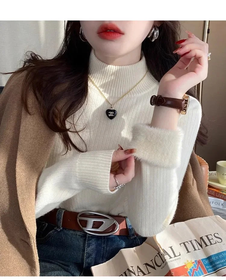 Sweater For Women Winter Thicken Turtleneck Slim Knit Pullover New Warm Plush Velvet Lined Knitwear Jumper Tops Casual Poleras