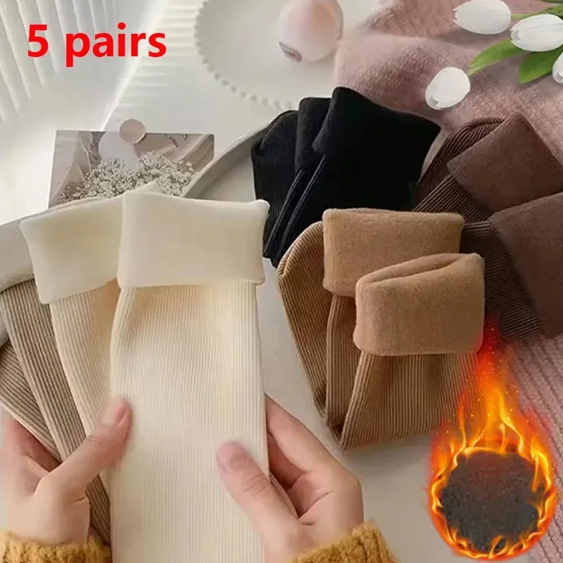 5 Pairs Snow Socks For Women Autumn Winter Socks With Fuzzy Thickened Warm Sleeping Floor Stockings Women's Solid Color Socks