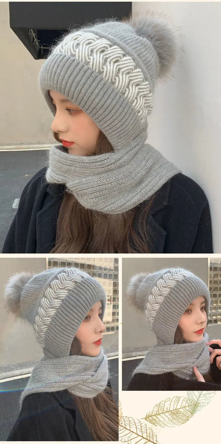 Women's Hats Scarves Earmuffs Fashionable Autumn and Winter Warmth Snow and Wind Scarf One-piece Hat Knitted Sweater Cover Hat