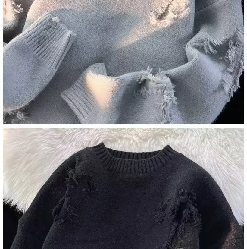 Winter Ripped Sweater Men's Round Neck Pullover High Street American Retro Japanese Style Solid Color Sweater For Teenagers