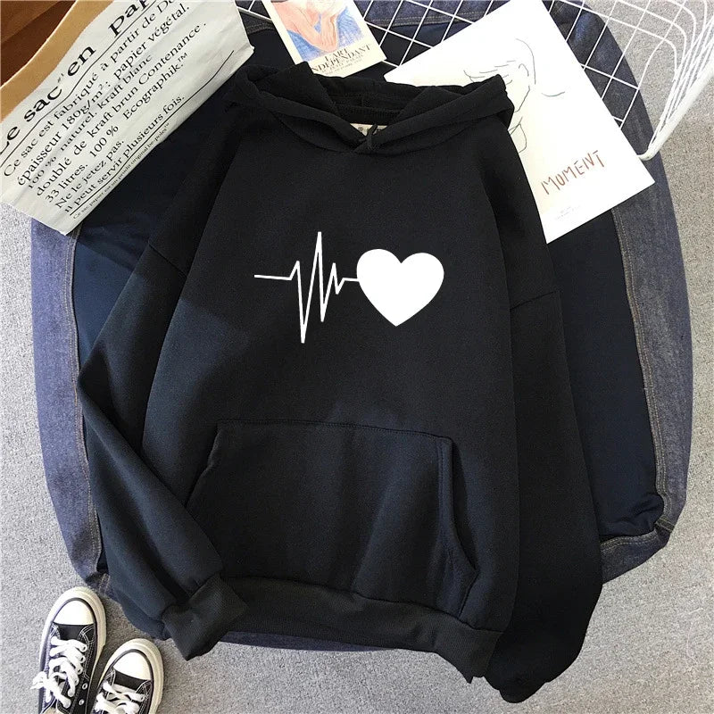Woman Hooded Sweatshirt Casual Fashion Heart Print Hoodies Ladies Home Outdoor Comfort Warm Pullover Daily Sport Loose Hoody Top
