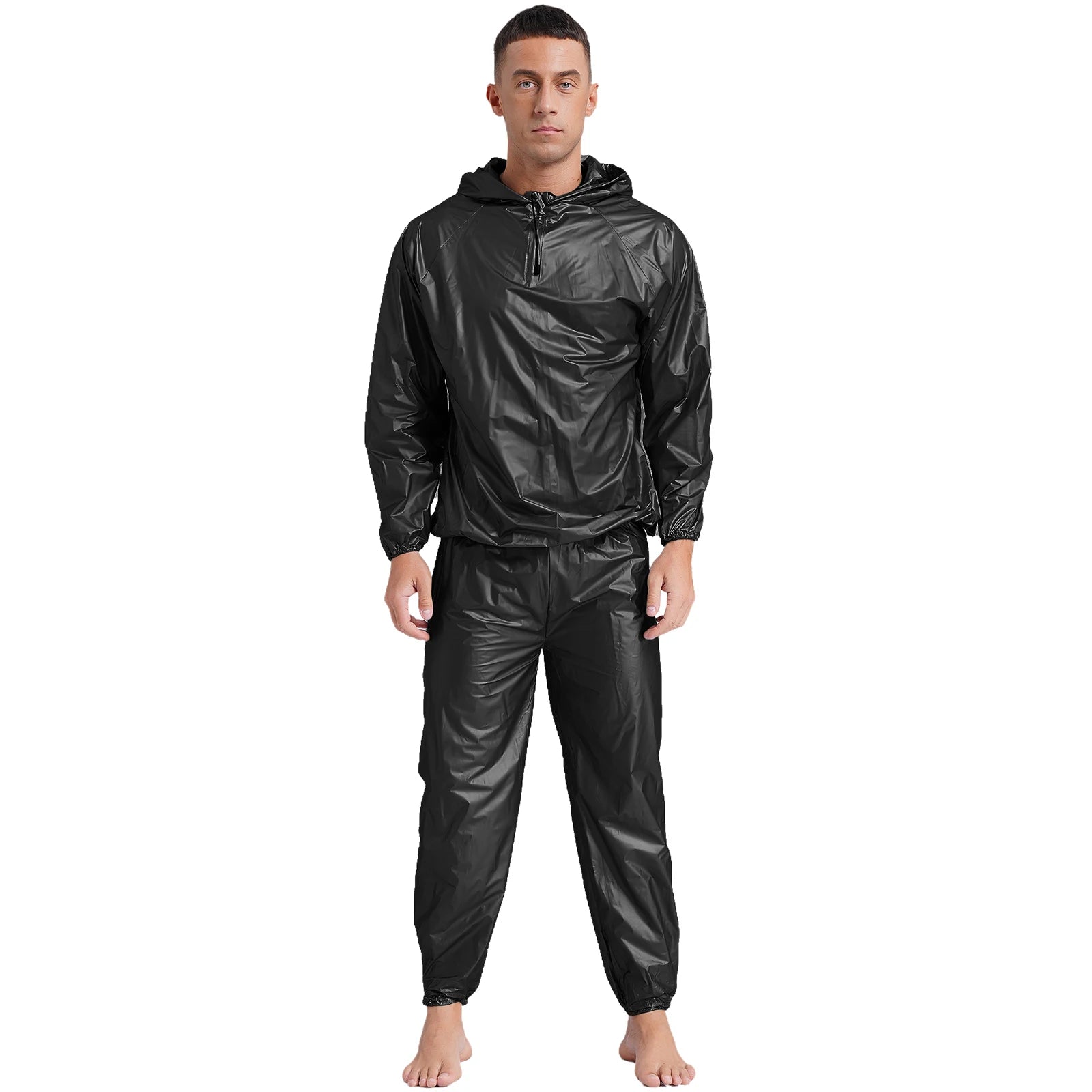 Mens Sports Outfits Sauna Sweat Sets Long Sleeve Hooded Jacket Outerwear and Long Pants PVC Sweating Suit for Gym Workout Yoga