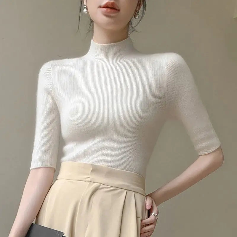 Sweater Spring Autumn High Neck Middle Sleeve New Knitted Base Knitted Half Sleeve Five-Pin Slim Tops