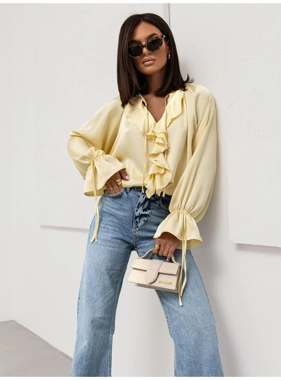 Fashion Fall Ruffles Blouse Women 2025 Autumn Winter Long Sleeve Loose Lace-up Shirts And Blouses Tops Elegant