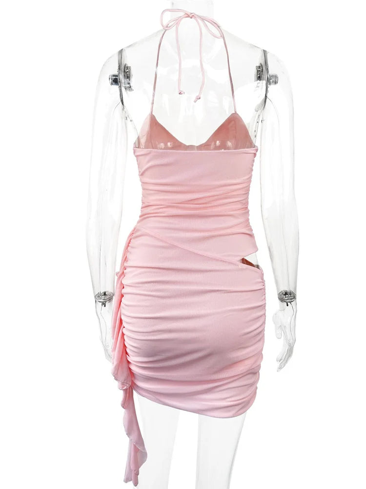 Fairyshely Sexy Summer Lady Pink Short Club Dress Ladies 2024 Tied Halter Bodycon Dresses Evening Party Hollow Tight Mini Dress