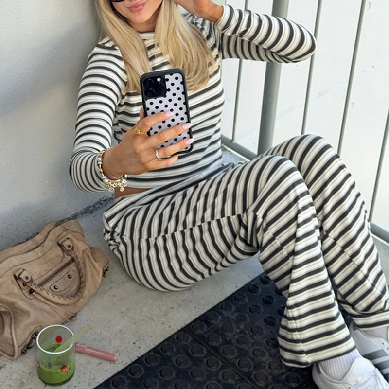 Women Casual Workout 2 Piece Pants Set Teen Girl Striped Long Sleeve Crop Top T-shirts + Wide Leg Trousers Autumn Lounge Outfits