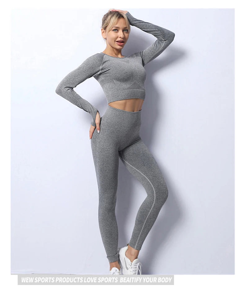 Women Yoga 2 Pieces Workout Outfits Seamless High Waist Leggings Sports Crop Top Running Clothes Sets