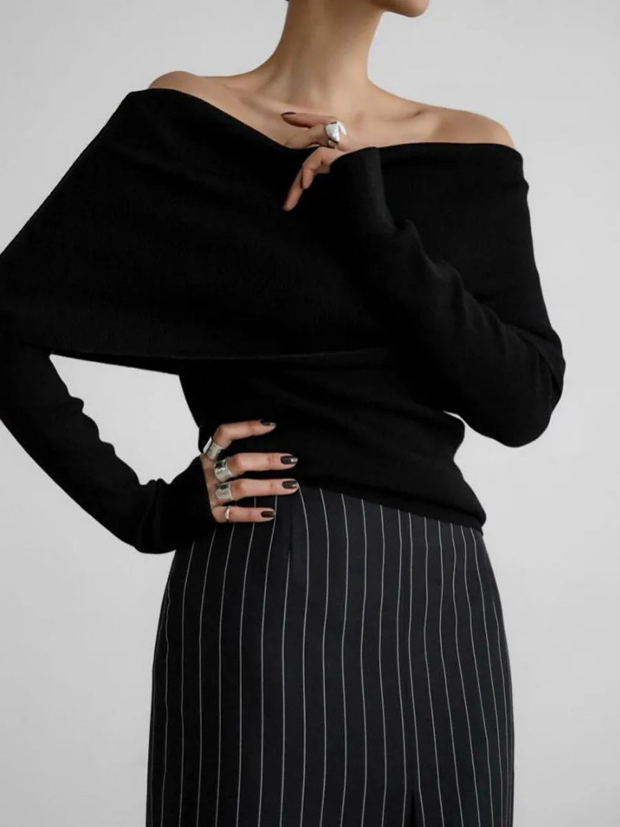 Sweater Women's Autumn and Winter Style Long Sleeved Knitted Base Shirt, One Shoulder Sexy Slim Fit Off Shoulder Top