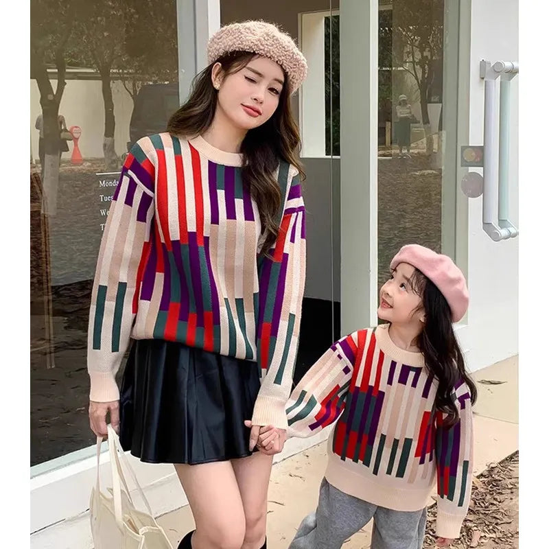 Fashion Sweater for The Whole Family Knitted Tops Mom and Daughter Baby Girl Matching Striped Knitwear Dad and Son Boy Jumper