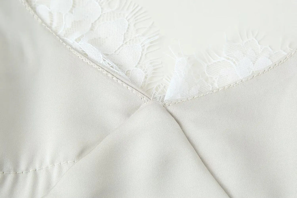 New 2026 Women V Neck Satin Sling Long Dress Lace Patchwork Backless Sexy White Gowns Summer Evening Party Maxi Vestidos