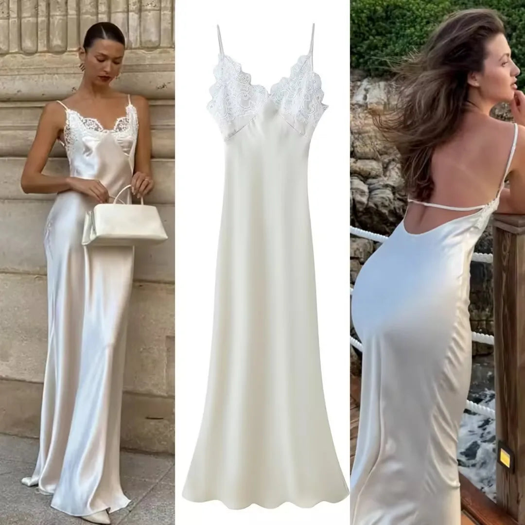 New 2026 Women V Neck Satin Sling Long Dress Lace Patchwork Backless Sexy White Gowns Summer Evening Party Maxi Vestidos