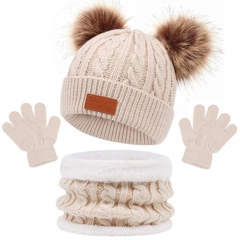 Three Piece Set of European and American Hats Scarves Gloves Autumn and Winter Single Ball Double Ball Colorful Ball Hat