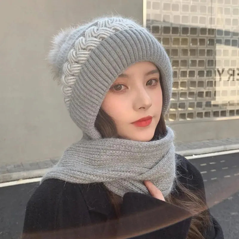 Hat scarf All-in-one  Winter Thickened Warm Double Warm Padded Windproof Comfortable Warm Knitted Hat Fits Women