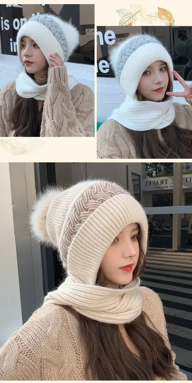 Women's Hats Scarves Earmuffs Fashionable Autumn and Winter Warmth Snow and Wind Scarf One-piece Hat Knitted Sweater Cover Hat