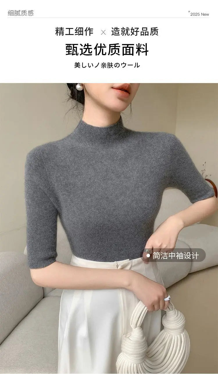 Sweater Spring Autumn High Neck Middle Sleeve New Knitted Base Knitted Half Sleeve Five-Pin Slim Tops