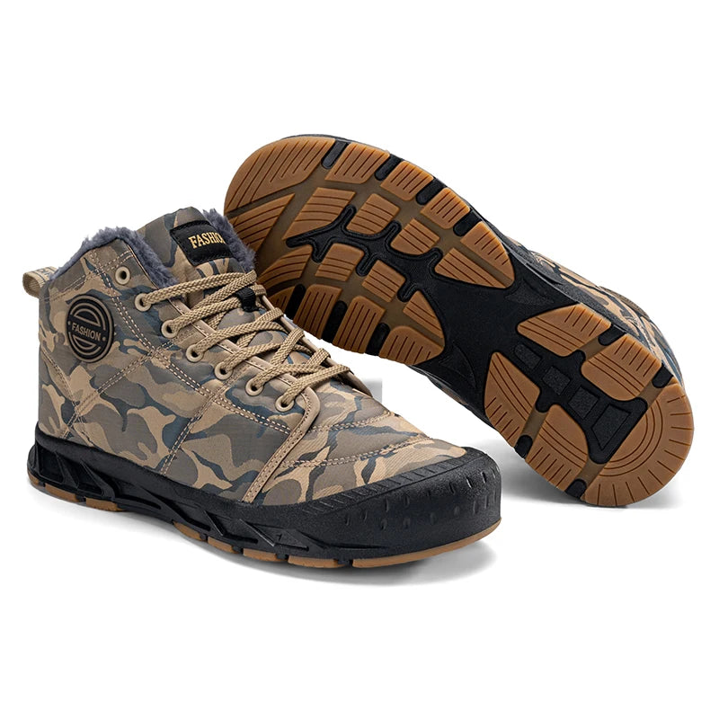 Winter Men's Snow Boots 2025 New Style Platform  Warm Fur Ankle Boots Camo Design Plush  Outdoor Non-slip Hiking Cycling Shoes