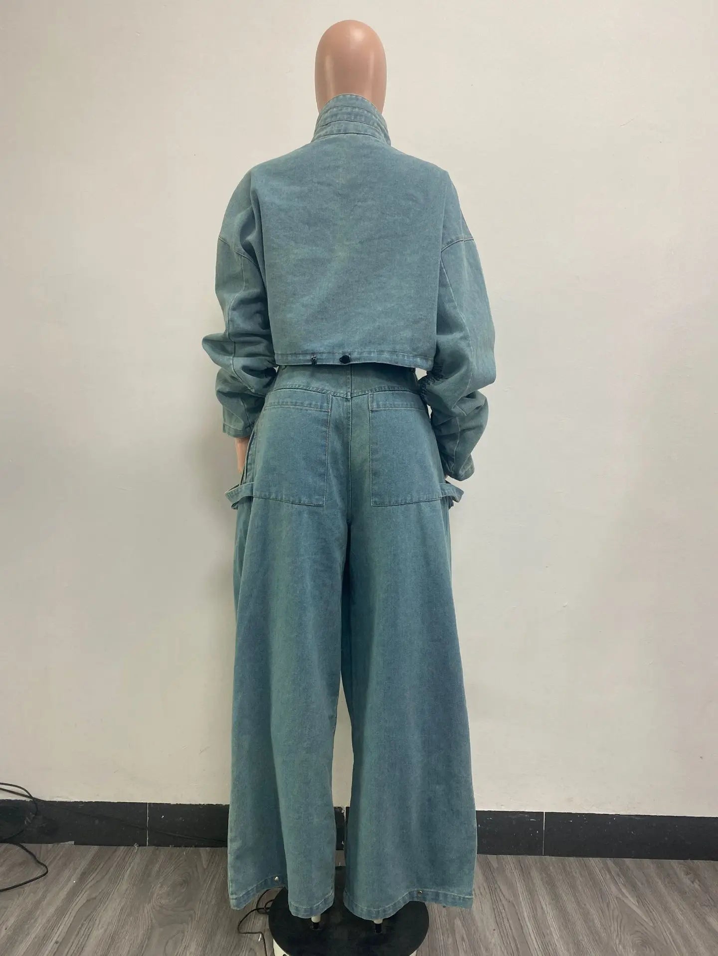 Fall Denim Suit For Women Long Sleeve Lapel Top And Wide Leg Pant Outfits Comfortable Solid Color Ladies Two-Piece Set