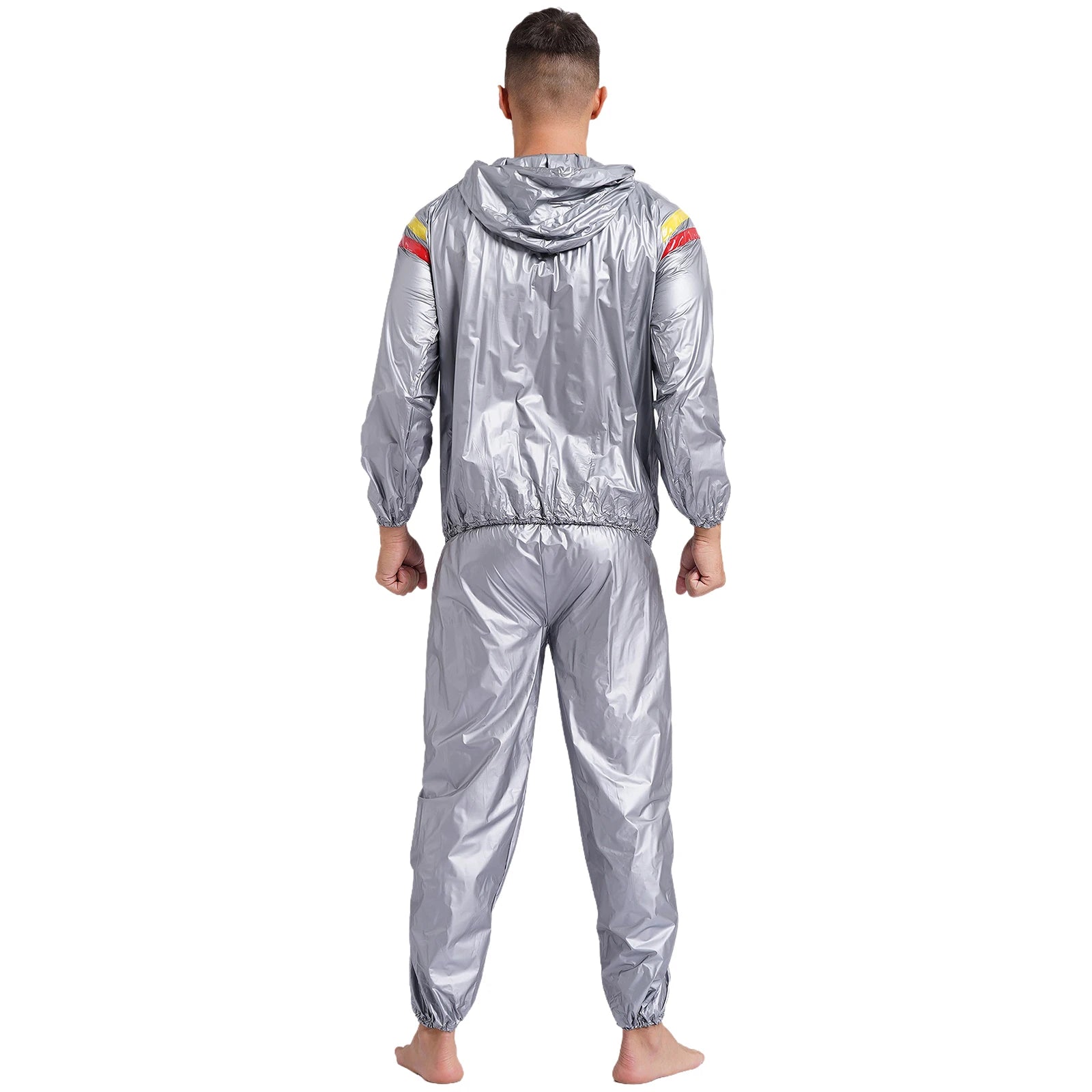 Mens Sports Outfits Sauna Sweat Sets Long Sleeve Hooded Jacket Outerwear and Long Pants PVC Sweating Suit for Gym Workout Yoga