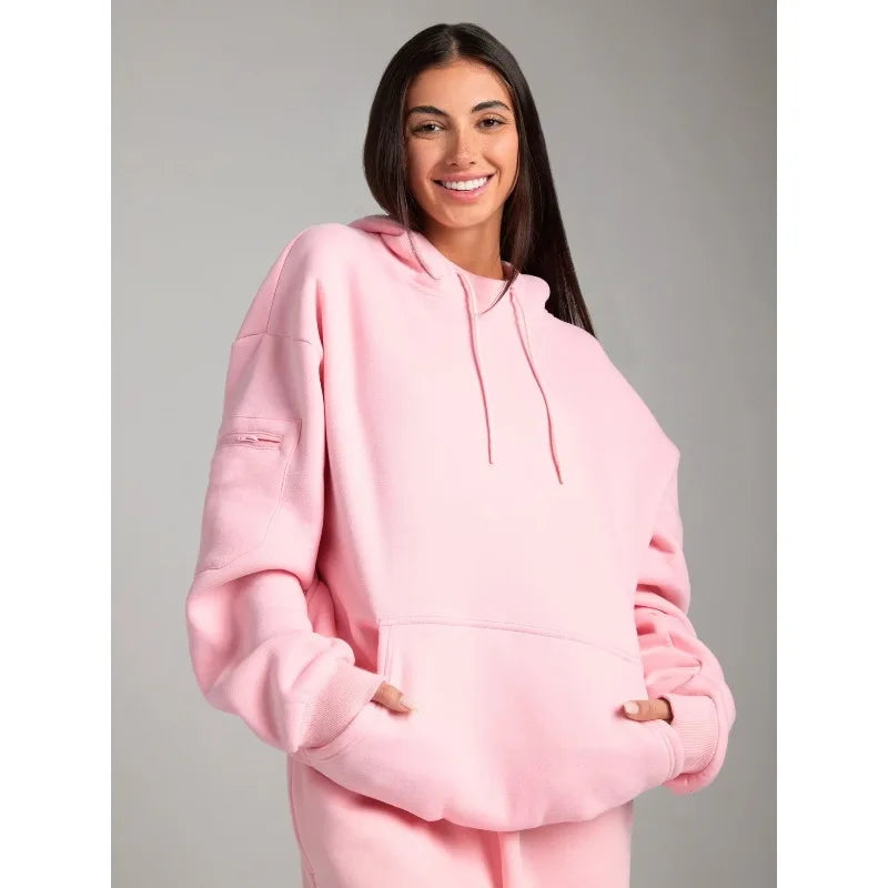 Fitness Workout Outfits Autumn Winter Women Tracksuit Sport Pocket Sweatshirt Hoodies with Eye Patch Sweatpants Two Piece Set