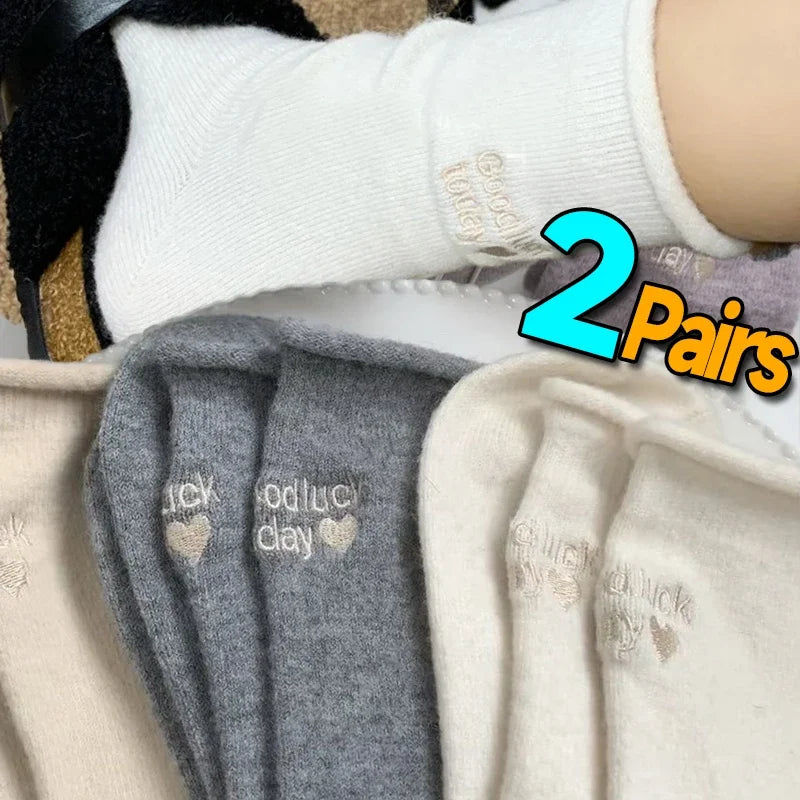 Winter Warm Thicken Cotton Socks Women Embroidery Letters Cozy Solid Color Thermal Japanese Korean Stacked Mid Calf Crew Socks