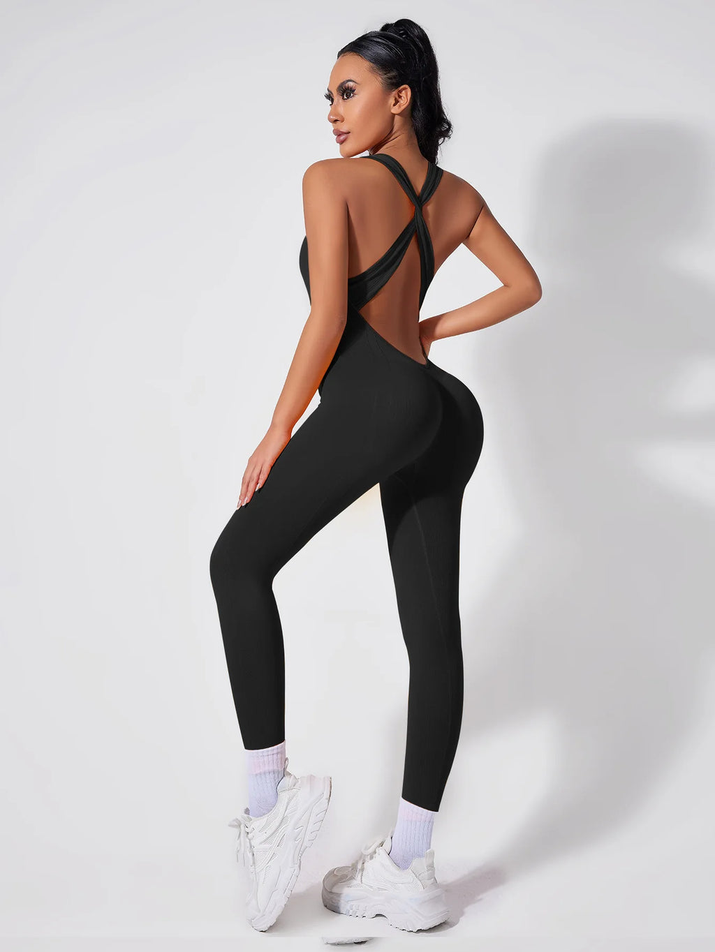 Crisscross Back Yoga Bodysuit Women V-Neck Butt Lifting Workout Jumpsuit Seamless Running Fashion Slim High Elastic Bodysuit