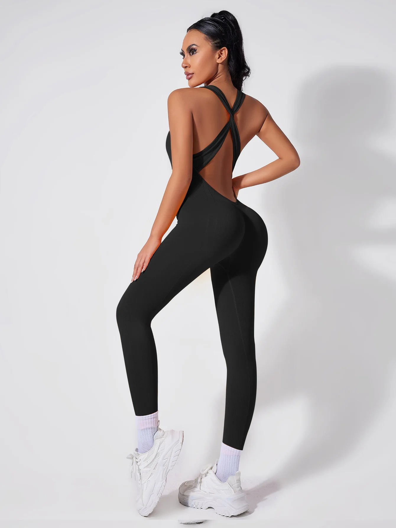 Crisscross Back Yoga Bodysuit Women V-Neck Butt Lifting Workout Jumpsuit Seamless Running Fashion Slim High Elastic Bodysuit
