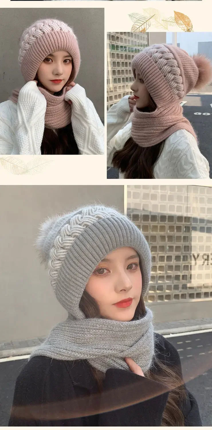 Women's Hats Scarves Earmuffs Fashionable Autumn and Winter Warmth Snow and Wind Scarf One-piece Hat Knitted Sweater Cover Hat