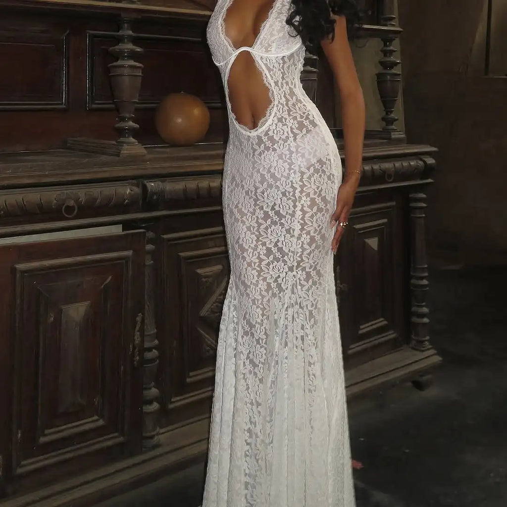 Sexy White Lace Hollow-out Halter Dress Women Chic Sleeveless Off-shoulder Backless Maxi Dresses 2026 Lady Vacation Beach Gowns