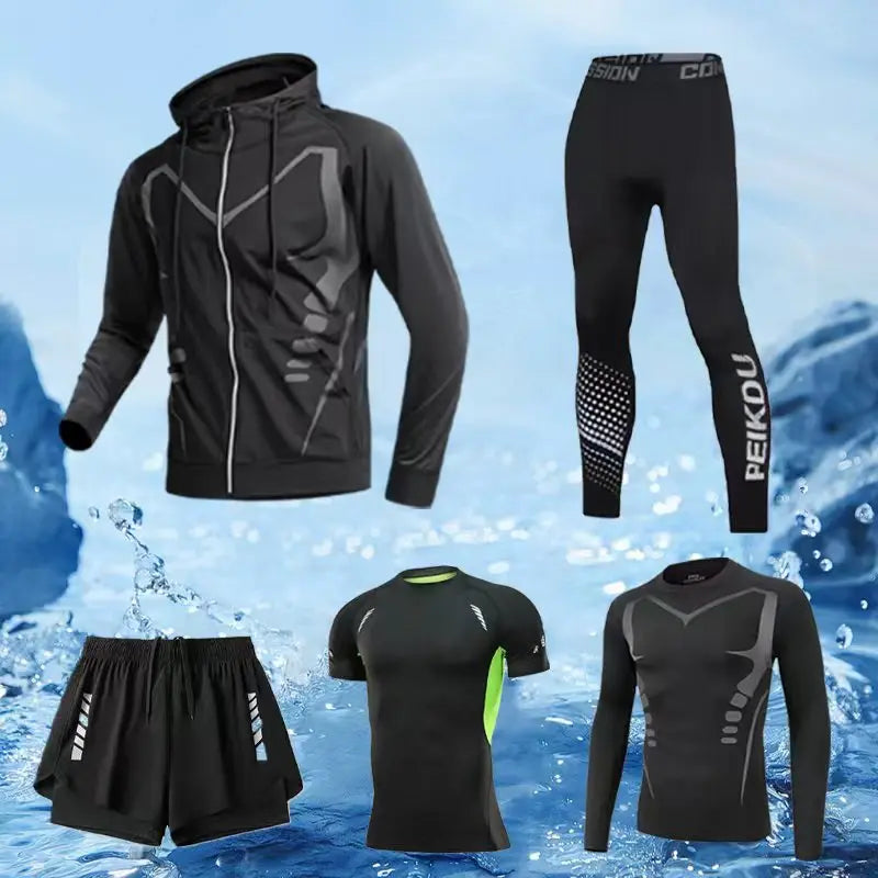 Men's Workout Sets 5 Piece Gym Training Outfit Shorts Shirt Sports Wear Quick Dry Comfort Fit