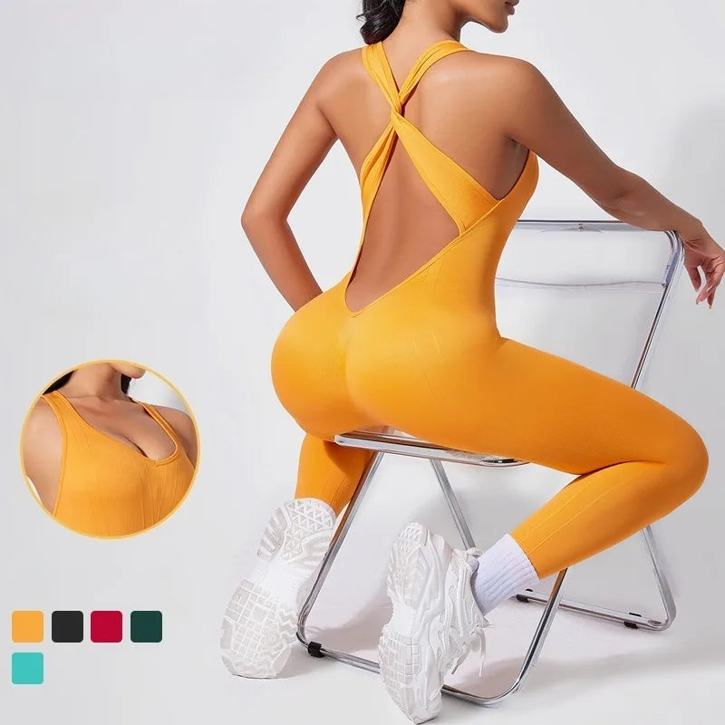 Crisscross Back Yoga Bodysuit Women V-Neck Butt Lifting Workout Jumpsuit Seamless Running Fashion Slim High Elastic Bodysuit