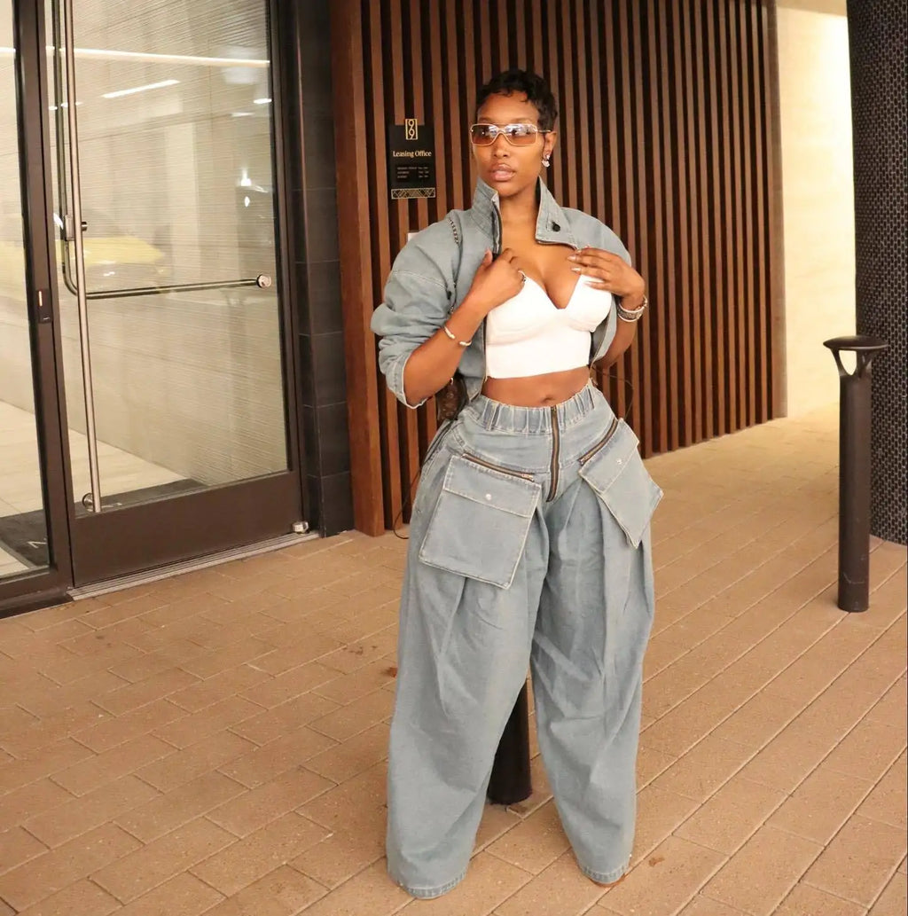 Fall Denim Suit For Women Long Sleeve Lapel Top And Wide Leg Pant Outfits Comfortable Solid Color Ladies Two-Piece Set