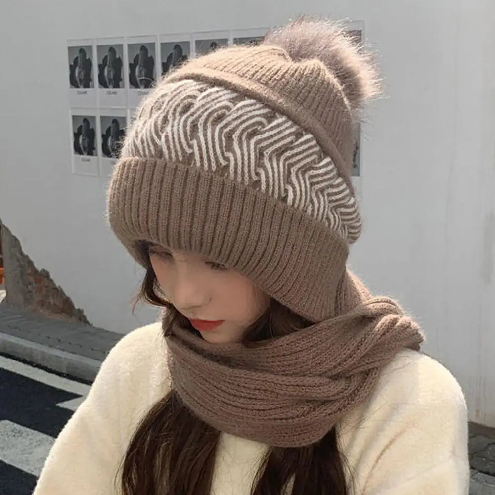 Hat scarf All-in-one  Winter Thickened Warm Double Warm Padded Windproof Comfortable Warm Knitted Hat Fits Women